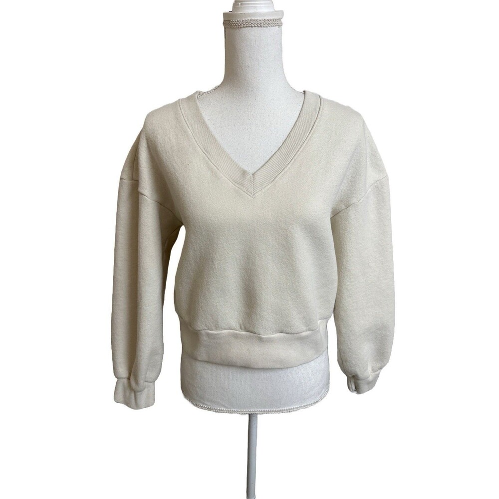 Beyond Yoga Womens XS Put Together Cotton Blend Pullover V-Neck Sweatshirt Ivory